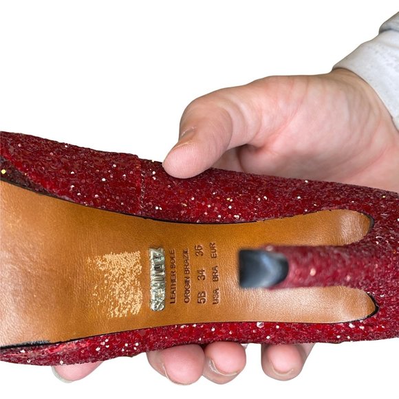 Schutz Stilletos Red Glitter Platform High Heels Lux Glam Party Shoes Size 5B - Picture 10 of 12